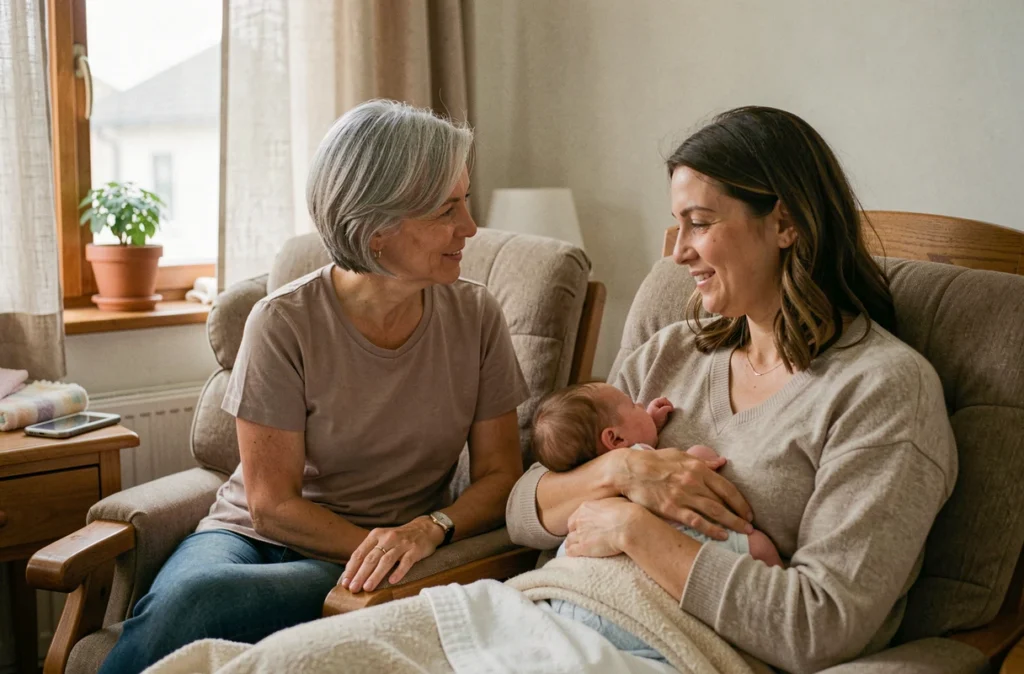 Sage-femme expérimentée accompagnant une mère allaitant son nouveau-né dans une chambre de maternité chaleureuse