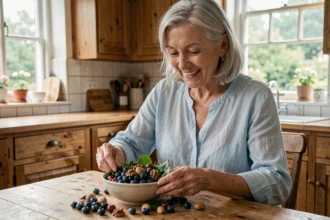 Une femme senior souriante prépare un bol nutritif de myrtilles, noix et légumes verts pour préserver sa mémoire