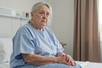 Femme âgée hospitalisée en raison de complications de la grippe, assise sur un lit d'hôpital l'air fatiguée
