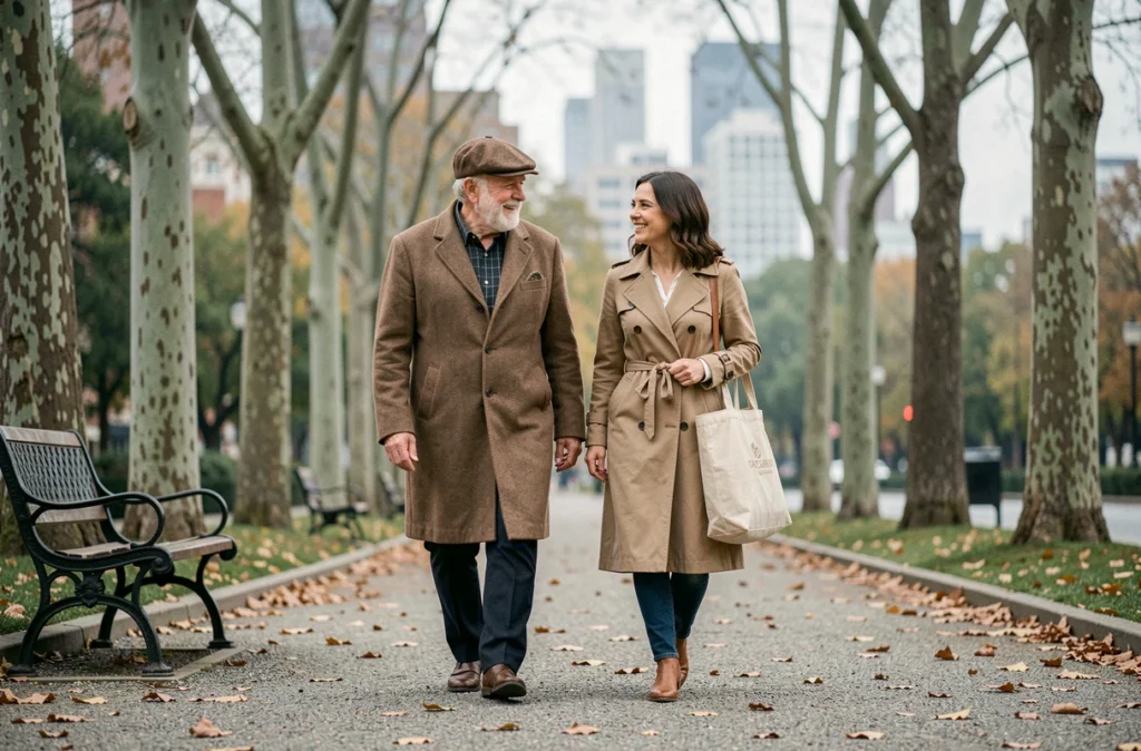 Un senior et sa fille se promenant et discutant dans un parc urbain en automne, évoquant l'importance du soutien familial et des relations intergénérationnelles pour le moral des personnes âgées