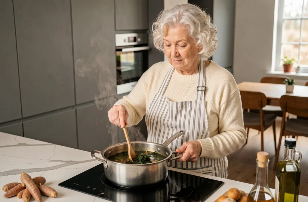 Une femme âgée prépare une soupe de légumes au curcuma, aliment bénéfique pour la mémoire des seniors