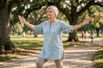 Femme senior pratiquant le tai-chi en douceur dans un parc verdoyant, activité physique douce recommandée après 65 ans
