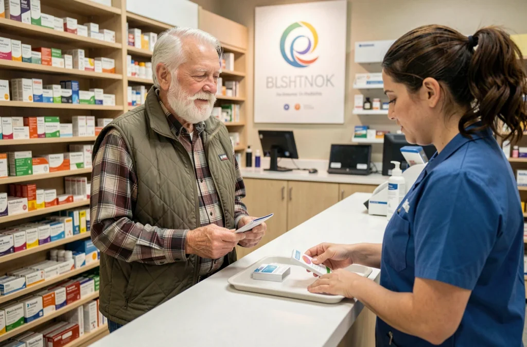 Un homme âgé se préparant à recevoir un vaccin contre la grippe en pharmacie à l'approche de l'hiver