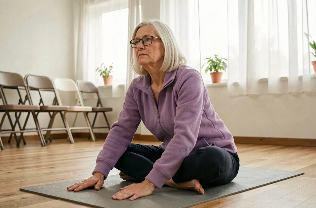Femme âgée pratiquant le yoga doux en intérieur dans une salle communautaire, activité physique adaptée aux seniors après 65 ans