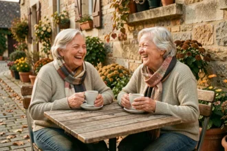Deux femmes âgées riant ensemble à une terrasse de café en automne, illustrant les bienfaits des liens sociaux sur le moral des seniors