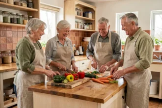 Un groupe de seniors souriants participant à un atelier cuisine santé autour d'un plan de travail en bois, coupant des légumes colorés dans une cuisine communautaire