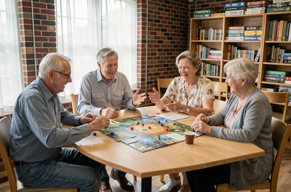 Groupe de seniors jouant à un jeu de société dans un centre communautaire, symbolisant l'importance des activités sociales pour le bien-être des personnes âgées
