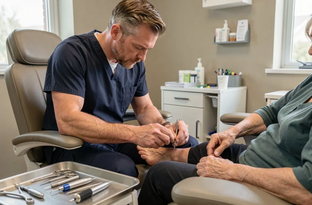 Podologue masculin réalisant un soin des ongles sur le pied d'une patiente diabétique âgée dans une salle de soins spécialisée