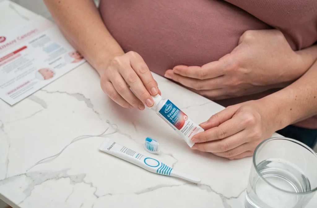 Produits de soins dentaires prénataux tenus par une femme enceinte, incluant brosse à dents et dentifrice au fluor