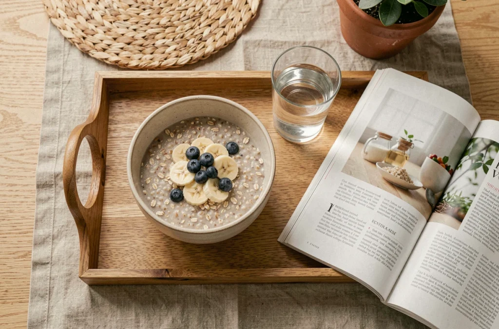 Bol de son d'avoine avec fruits frais sur plateau en bois, petit-déjeuner sain pour améliorer le transit intestinal