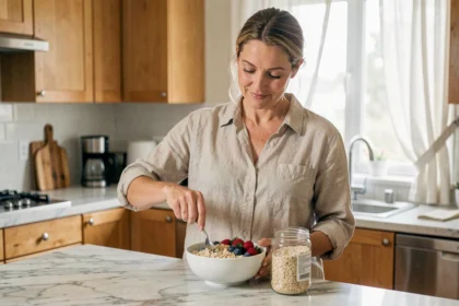 Femme préparant un bol de flocons d'avoine avec du son d'avoine dans une cuisine moderne pour favoriser le transit intestinal