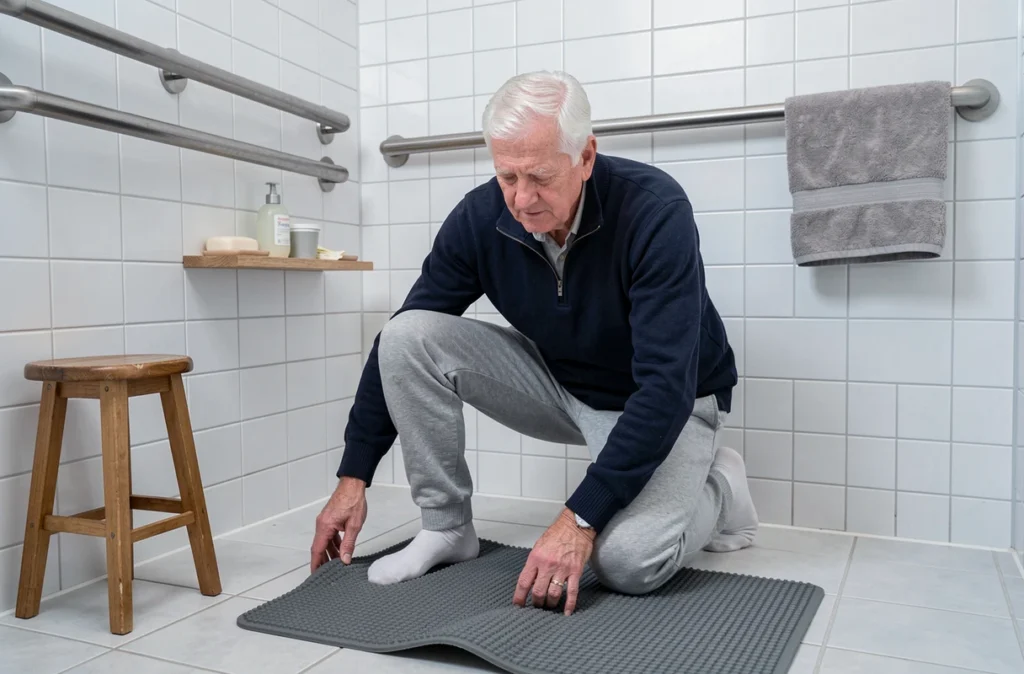 Homme senior installant un tapis antidérapant dans une salle de bain avec barres d'appui, prévention des chutes à domicile