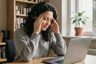 Femme en télétravail gérant son stress à son bureau à domicile, les yeux fermés et les mains sur les tempes dans un appartement chaleureux
