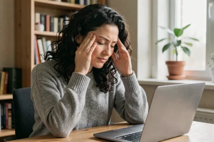 Femme en télétravail gérant son stress à son bureau à domicile, les yeux fermés et les mains sur les tempes dans un appartement chaleureux