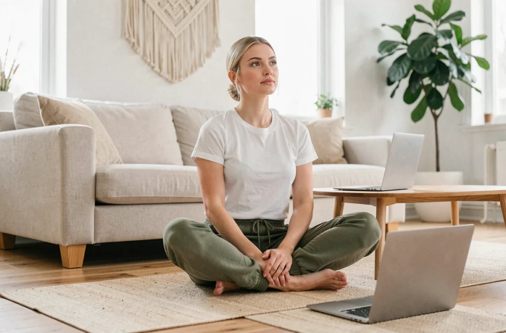 Jeune femme en pause de télétravail assise en tailleur sur un tapis de yoga dans son salon, illustrant la gestion du stress au quotidien