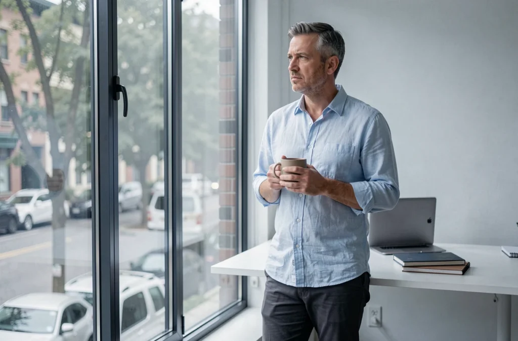 Homme en télétravail regardant par la fenêtre avec une expression pensive, tenant un mug de café dans un bureau minimaliste à la maison