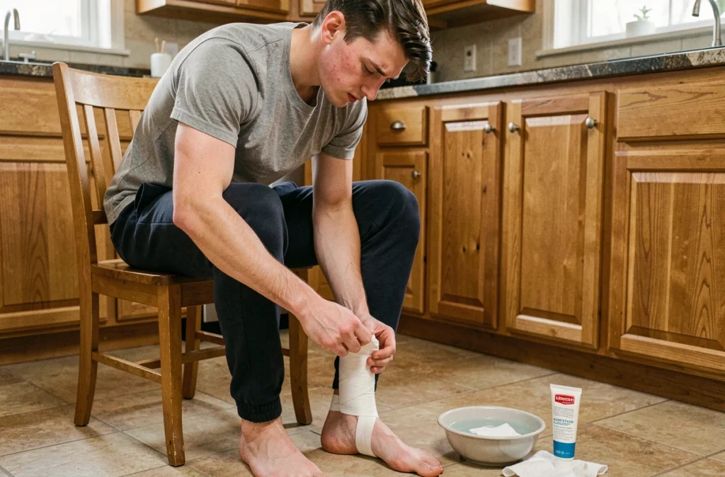 Jeune homme appliquant un bandage stérile sur une brûlure au pied dans sa cuisine avec du gel apaisant à portée de main