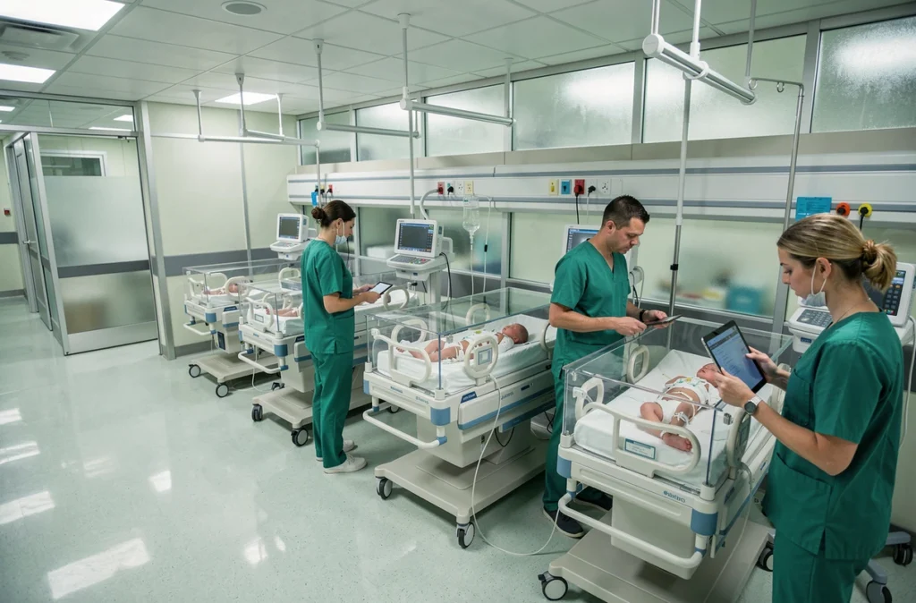 Unité néonatale d'un hôpital avec plusieurs incubateurs et soignants prenant en charge des naissances multiples