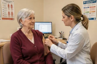 Une femme senior se faisant vacciner par sa médecin généraliste dans un cabinet médical avant l'hiver