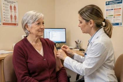 Une femme senior se faisant vacciner par sa médecin généraliste dans un cabinet médical avant l'hiver