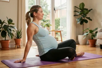 Femme enceinte pratiquant le yoga prénatal sur un tapis dans un salon lumineux